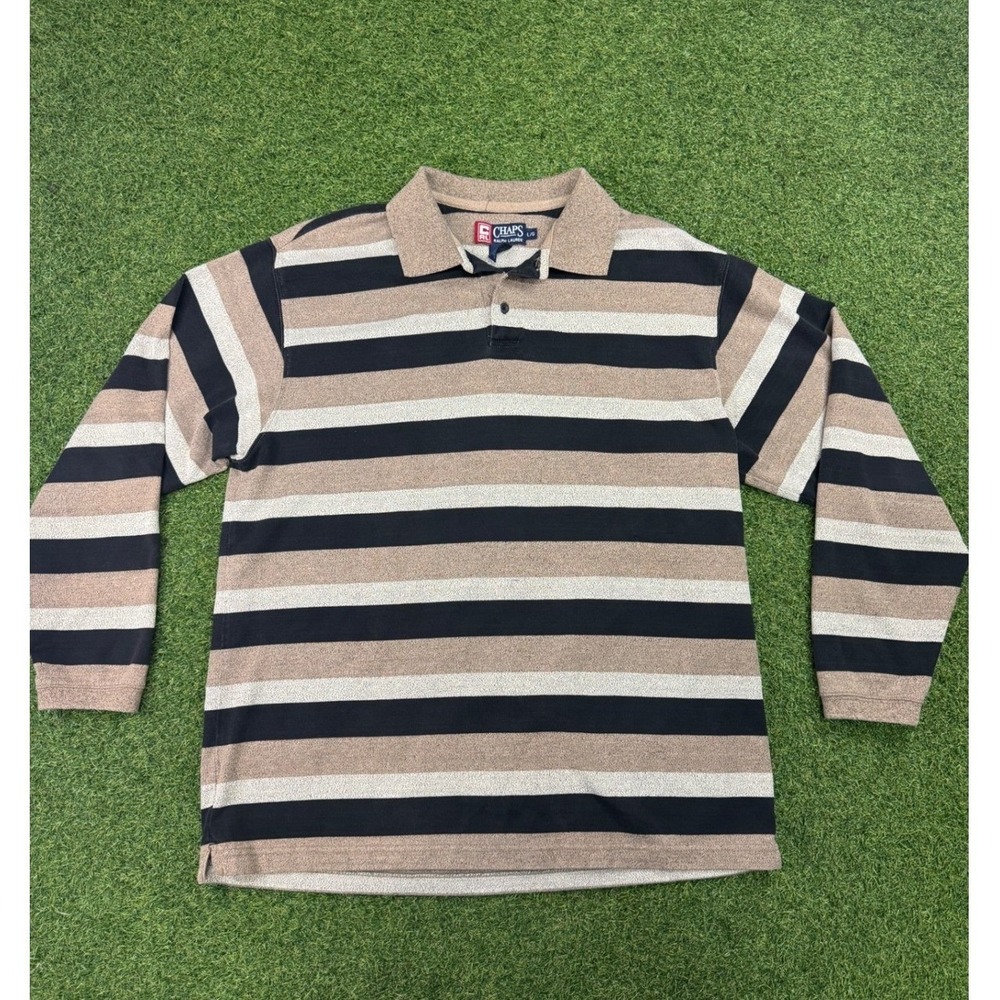 Chaps‎ Ralph Lauren Mens Large Striped Long Sleeve Polo Shirt Tan Black Beige L